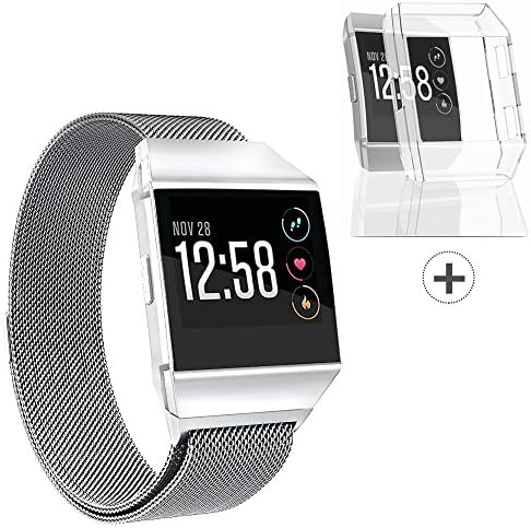For Fitbit Ionic Bands-Ionic Watch Accessory Band Small Large,2 in 1 Stainless Steel Milanese Loop Metal Replacement Strap with Case/Charging Cable for Fitbit Ionic,Silver Black Rose Gold Men Women