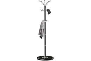 OIRUMIE Coat Rack with Natural Marble Base, Metal Freestanding Coat Racks with 14 Hooks, 360°Rotary Coat Rack Stand for Hanging Scarf, Bag, Jacket, Black Coat Tree Hanger Holder Stand