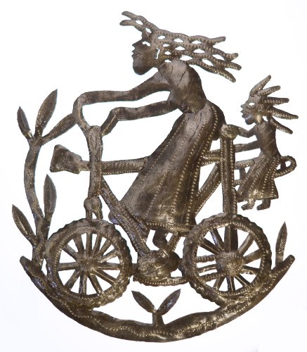Le Primitif Galleries Haitian Recycled Steel Oil Drum Outdoor Decor, 14 by 14-Inch, Bicycle Girl No. 2
