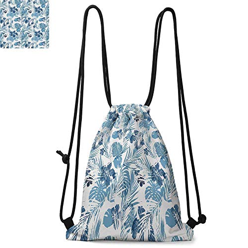 Leaf Printed Drawstring Backpack Island Ocean Beach Sea Inspired Hawaiian Flowers Palm Tree Leaves Art Print Suitable for School or Travel W13.4 x L8.3 Inch Dark Blue and Lilac