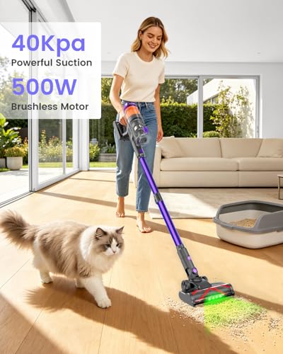 COTIAR Cordless Vacuum Cleaner, 120Mins Runtime with 2 Batteries, 500W 40KPa Vacuum Cleaners for Home, Green Light Anti-Tangle Brush & Wall Mount Charging, Lightweight for Pet Hair Carpet Hard Floors