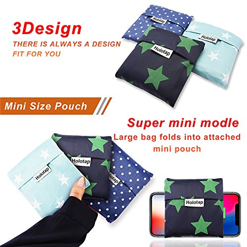 Reusable Grocery Bags Set of 6 Heavy Duty Foldable Shopping Tote Bag by Holotap Nylon Reusable Shopping Bag fits in Pocket Washable, Durable and Lightweight (Big five-pointed star, Spot)