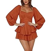 LYANER Women's Jumpsuit Lantern Long Sleeve Ruffle Layer Tie Mini Short Romper