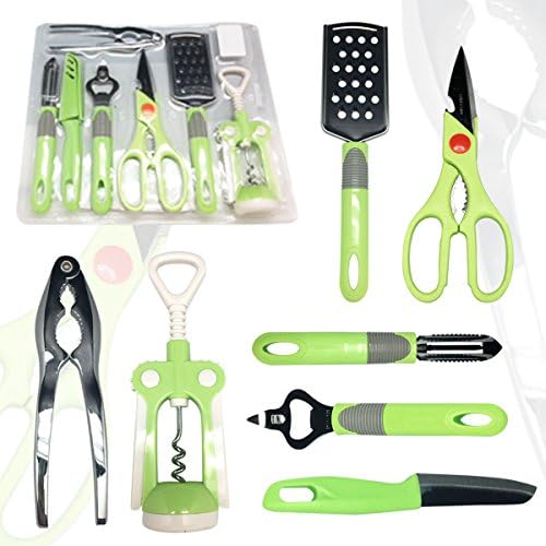 Unique 7 Piece Kitchen Gadgets Set, Knife, Peeler, Bottle Opener Scissors Nut Cracker Wine bottle Opener by Amazipro8, The Best Kitchen Mate For Fruits and Veggies, Cutting and Peeling (7pc Green)