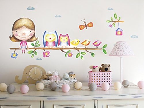 Wall decal for girl nursery | Tree brunch with owls birds and flowers | Baby decoration for bedroom | Easy to apply removable and reusable | Hand drawing illustrations | Baby gifts | Vinyl stickers