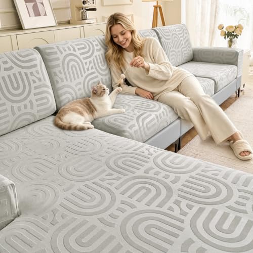 Rwoyno Couch Cushion Covers for Sectional Sofa Seat Cushion Cover Stretch Washable Separate Sofa Slipcovers Wear-Resistant Universal Furniture Protector (Light Gray, 3 Seat Covers+1 Chaise) at Amazon