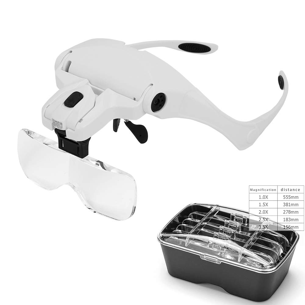 Headband Magnifier with LED Light, Hands free Reading Magnifier Magnifying Glasses with 2 LED Lights and 5 Detachable Lenses 1.0X 1.5X 2.0X 2.5X 3.5X for Reading, Jewelry Loupe, Electronic Repair
