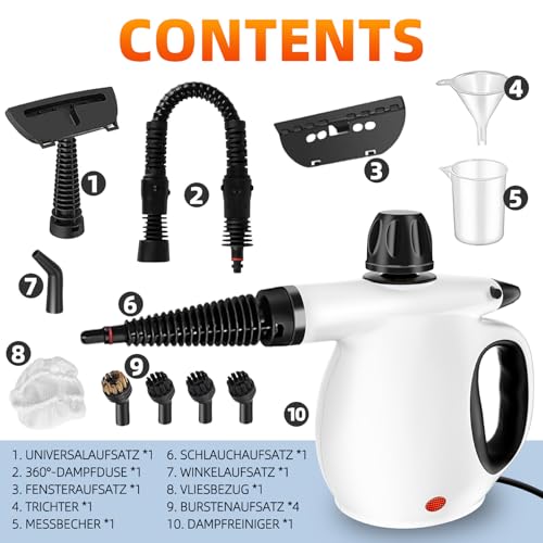Limpiador a Vapor de Mano, Limpiador Vapor Portátil Multiusos con 12 Accesorios, Steam Cleaner de Alta Temperatura para Cocina, Baño, Sofa, Alfombras, Ventana, Suelos e Interior de Coche (Blanco)