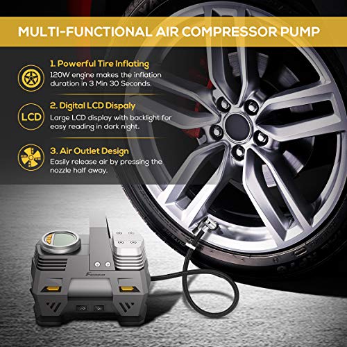 Foxnovo Air Compressor Pump, Digital Tire Inflator 150 PSI DC 12V Low Noise Tire Air Compressor Portable with Larger Air Flow 35L/Min, LED Light, Overheat Protection, Extra Nozzle Adaptors and Fuse - Thumbnail 3