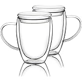 12 Oz Double Walled Glass Coffee Mugs, 2 Packs Clear Coffee Mugs with Lids Insulated Coffee Cups with Handle Perfect for Cappuccino,Tea,milk ,Espresso,Latte, Hot Beverage Set of 2 (Glass lid, 12oz)