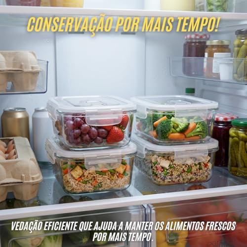 Kit 5 Potes Herméticos de Vidro Resistente de 650ml com Travas de Segurança e Tampa com Válvula | Próprio para Freezer, Microondas e Forno - Kit 5 Unidades