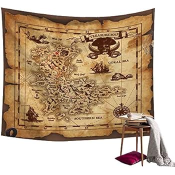 Ancient Pirate Treasure Map Decor Tapestry Wall Hanging Astrology Hippie Ethnic Decorative Art Window Curtain Table Cover Bedspread Beach Towel (79