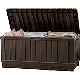 Keter Kentwood 92 Gallon Resin Deck Box-Organization and Storage for Patio Furniture Outdoor Cushions, Throw Pillows, Garden Tools and Pool Floats, Brown