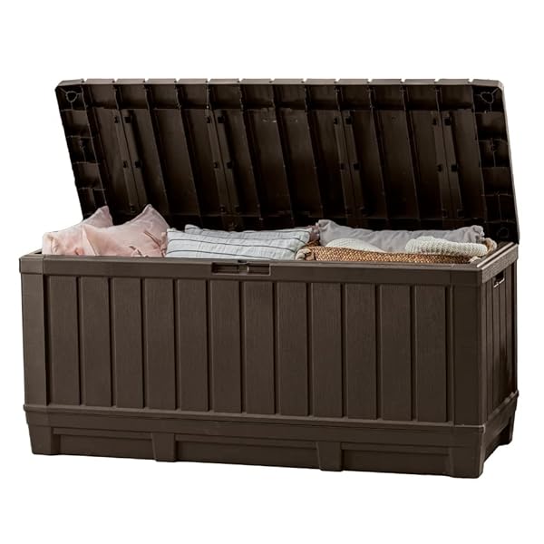 KETER KENTWOOD 92 GALLON RESIN DECK BOX-ORGANIZATION AND STORAGE FOR PATIO FURNITURE OUTDOOR CUSHIONS, THROW PILLOWS, GARDEN TOOLS AND POOL FLOATS, BROWN