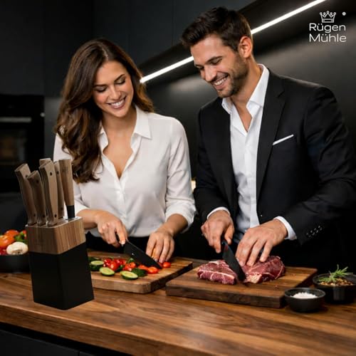 The Original – Rügen Mühle Premium Design Knife Block, 7 Pieces, Acacia Real Wood, Stainless Steel, Rustproof, Knife Set, Knife Block with Knife, Knife Set, Kitchen Knife Set, Knife Set with Block