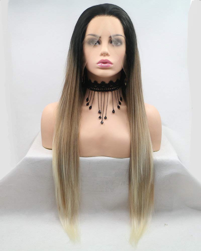 Drag Queen Dark Roots Ombre Brown Blonde Lace Front Wigs For Women Ladies Long Synthetic Hair Wavy Cosplay Wig