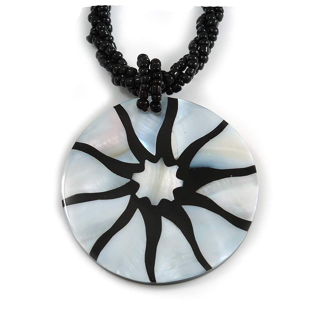 Avalaya 50mm D/Mother Of Pearl Round Pendant with Twisted Black Glass Bead Chain Necklace/ 44cm L