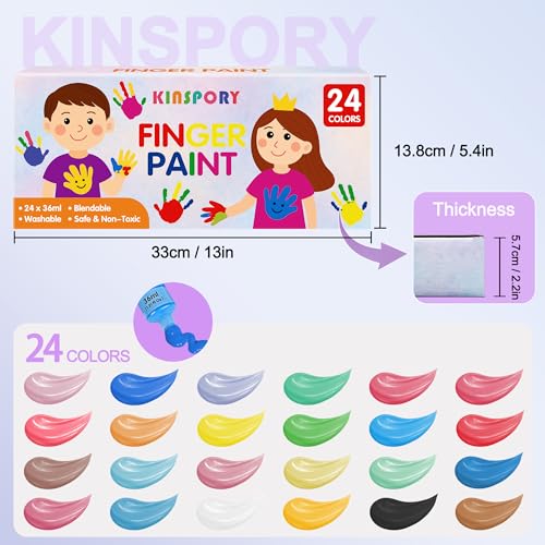 KINSPORY Pinturas de Dedos para Niños 24 x 36 ml – Pinturas Lavables para Niños Pequeños, No Tóxicas, Seguras para Manos y Pies, Materiales Artísticos Preescolares Regalos Creativos