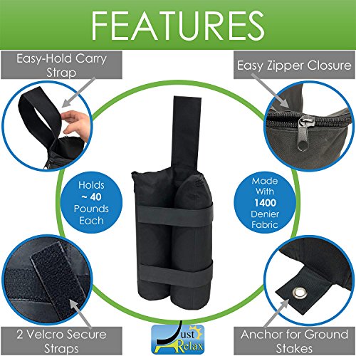 Just Relax UNIVERSAL 4-PIECE HEAVY DUTY WEIGHT BAGS SET by 1400 Denier Polyester with PVC Coating Fabric, Great for Canopy Tents, Gazebos, Outdoor Event, Holds 40 Pounds, Includes Metal Stakes, Black - Thumbnail 3