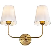TERLEENART Double Light Wall Sconce with White Fabric Tapered Shades, 2-Light Antique Brass Sconce for Bathroom Vanity Hallwa