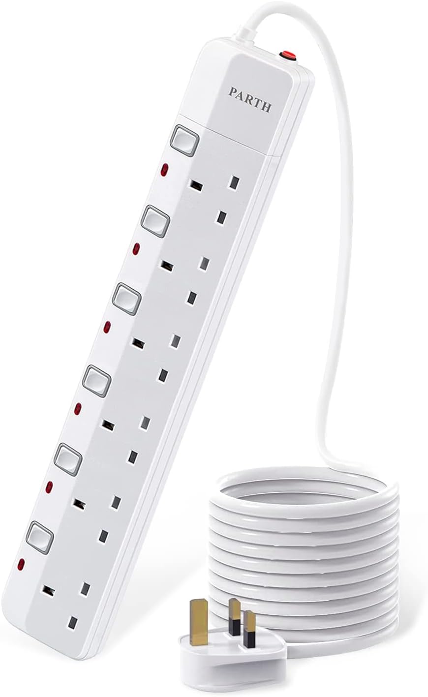 PARTH 6 Way Surge Protected Extension Lead 3m Cable Individual Switches UK