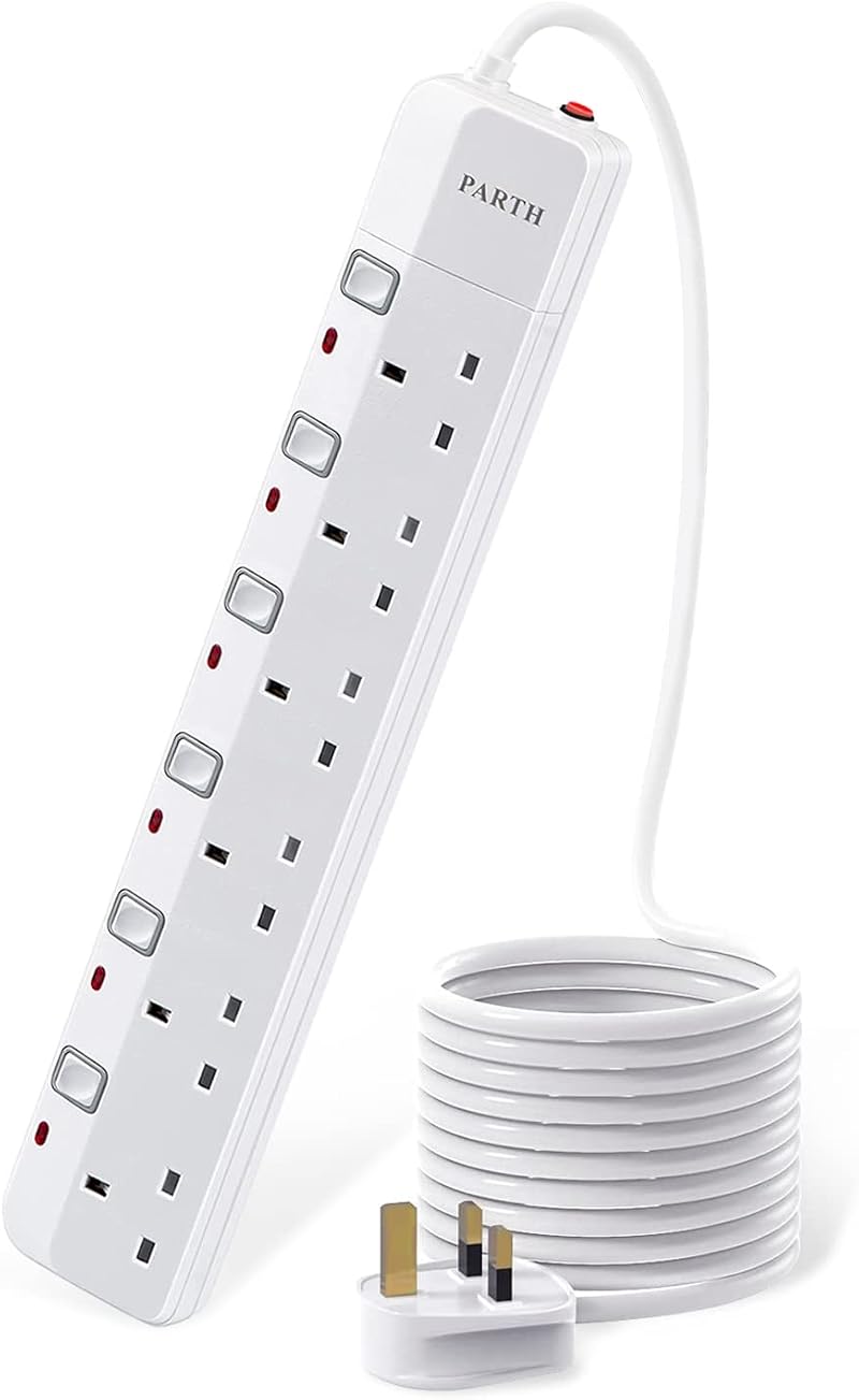 PARTH 6 Way Surge Protected Extension Lead 3m Cable Individual Switches UK