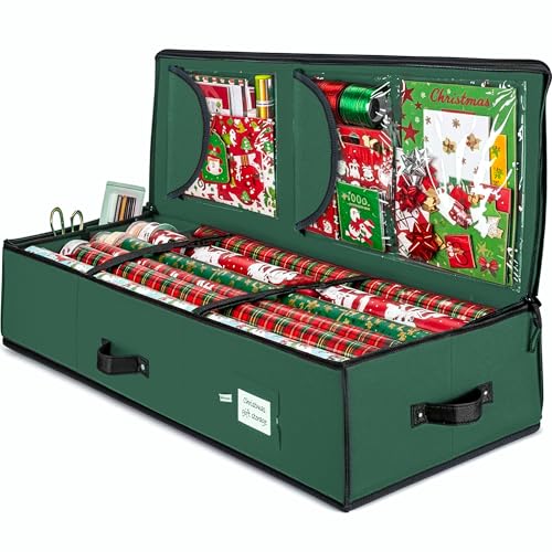 Premium Wrapping Paper Storage Bag with Interior Pockets - Fits 24 Rolls, Christmas Decoration Storage Box, 600D Tear-Proof Xmas Gift Wrap Organiser for Bows, Tags & Ribbons- 5 Year Warranty