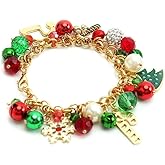 Izpack Christmas Charms Bracelet for Women Dangle Santa Hat Candy Cane Snowflake Flower Xmas Tree Jingle Bell Red Green Beaded Chain Bracelets Fashion Holiday Festival Jewelry Gifts Costume Ornament