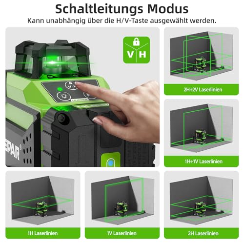 Huepar 4x360 4D Green Laser Level 16 Lines Laser Self-Leveling Cross Tool, 2x360 Horizontal & Vertical with Pulse Mode, Li-ion Battery, Magnetic Base, Hard Carrying Case