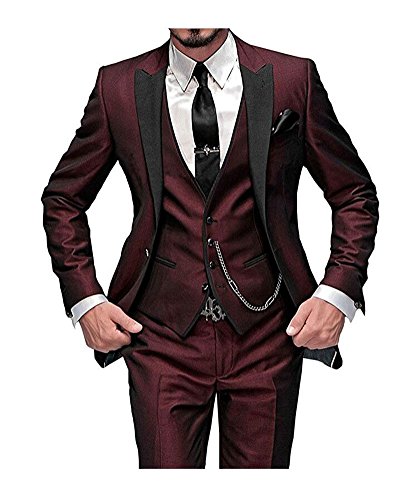 One Button 3 Pieces Burgundy Wedding Suits Notch Lapel Men Suits Groom Tuxedos Burgundy 40 chest / 34 waist
