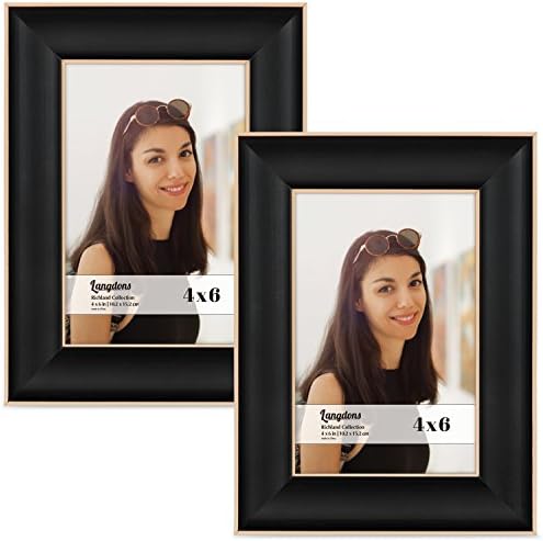 Langdons 4x6 Picture Frame Set (2-Pack, Black, Gold Trim) Solid Wood Photo Picture Frames 4x6, Wall Hanging or Table Top, Display Black Picture Frame 4x6 Vertical or 6 x 4 Horizontal, Richland Series