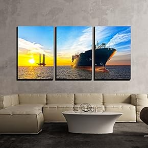3 Piece Canvas Wall Art - Tanker Ship and Oil Platform on Offshore Area at Sunset. - Modern Home Art Stretched and Framed Ready to Hang - 16"x24"x3 Panels