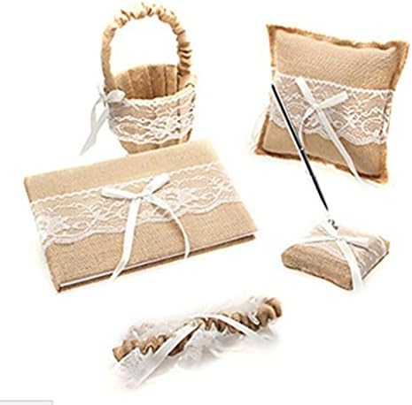 5pcs Sets Wedding Guest Book +Pen Set +Flower Girl Basket + Ring Pillow ,+1 Garter Cover,Double Heart Rhinestone Elegant Wedding Ceremony Set for Wedding Decoration Supplies