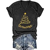 V Neck Merry Christmas Shirts for Women Xmas Tree Graphic T-Shirts Winter Bright Indoor Basic Tops New Year Festival Tee