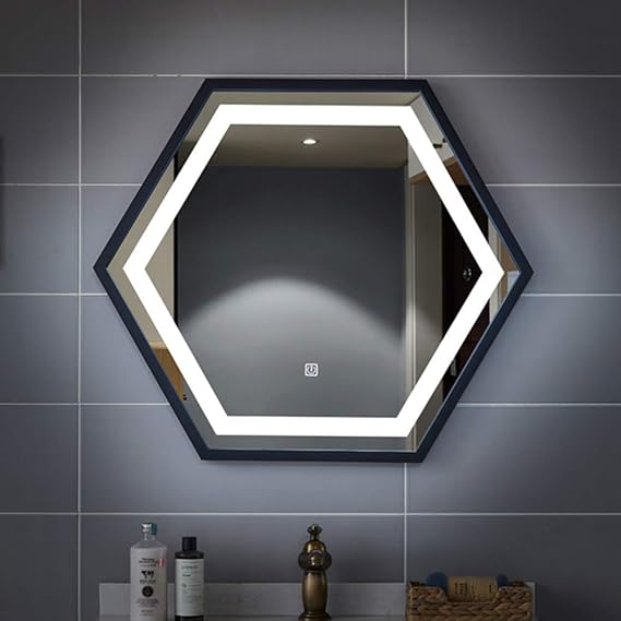 LED Mirror, Illuminated Bathroom Mirror, 70x80cm Hexagonal Black Frame