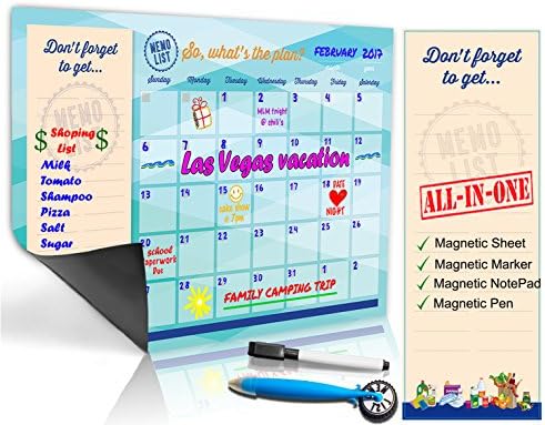 Refrigerator Calendar Kit – Includes Magnet Board/ Magnetic NotePad / Magnetic Dry Erase Marker + Eraser Top / Design Magnetic Pen – Easily Write &amp; Wipe (Blue-Green)