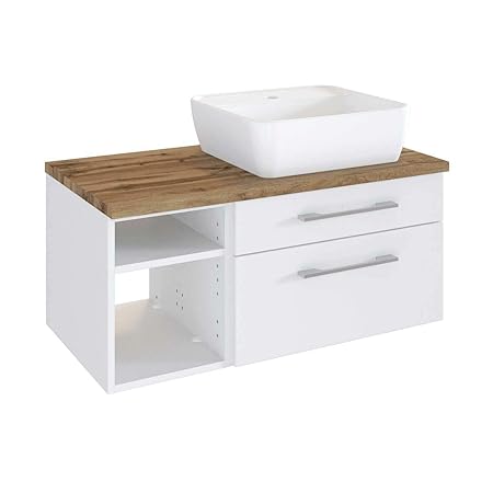 Lomadox Waschtisch-Unterschrank matt weiß 90 cm inkl. Keramik Aufsatz-Waschbecken