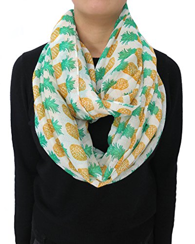 Lina & Lily Pineapple Print Women's Infinity Loop Scarf Large Size Lightweight (White)