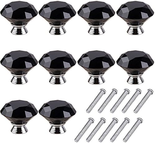 10pcs 40mm Glass Clear Cabinet Knob Drawer Pull Handle Kitchen Door Wardrobe Hardware Used for Cabinet, Drawer, Chest, Bin, Dresser, Cupboard, Etc (Jet/Black)