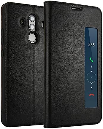ERLI Huawei Mate 10 Pro Case, Cowhide [GENUINE LEATHER] + Ultraslim Flip Cover Case [Dual Smart Window View] + Magnetic Closure (Black)