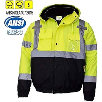 New York Hi-Viz Workwear WJ9012-L Men's ANSI Class 3 High Visibility Bomber Safety Jacket, Waterproof (Large, Lime)