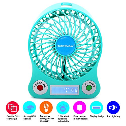 TechIntheBox LED display Portable Fan 4-inch 3 Speeds Mini USB
Rechargeable Fan with LED Light Powered By Electric-powered or 18650
Lithium Rechargeable Battery Micro USB Cable Via USB Port of Notebook/
Computer, Cool Fan for Desktop Indoor and Outdoor Activities As
Camping/Boating/Climbing/Biking/Hiking/Travel and/Picnic/Hot Summer
Outdoor Travelling ETC (Cyan)