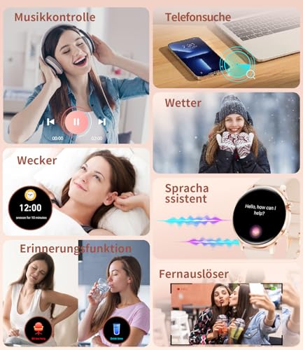 HIRREO Montre Connectée Femme Ronde, Smartwatch Femme Ultrafin 7,99 mm 1,32" Écran Clair Appel Bluetooth, Montre Intelligente Santé Féminine Fréquence Cardiaque SpO2 Fitness Podomètre, Or Rose