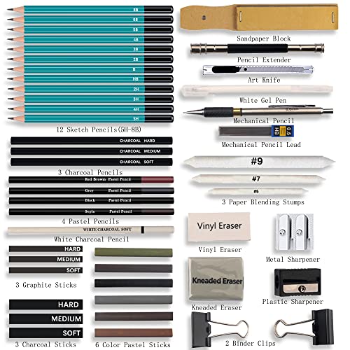 KALOUR 50Pack Sketch Drawing Pencils Kit with 3Color Sketchbook