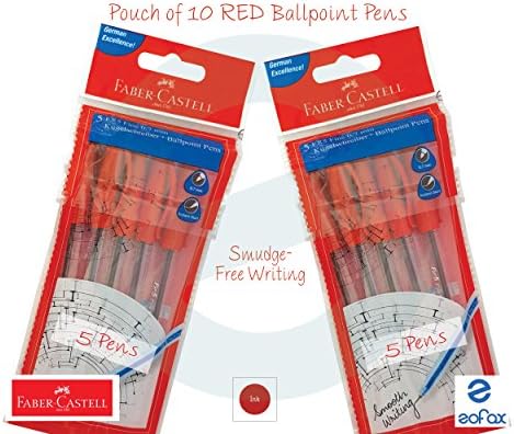 FABER CASTELL - 10 x 0.7mm RED Ballpoint Pens Smudge Free Writing Quick Drying