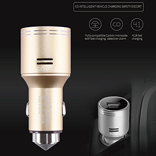 SOLOLIFE Multi-Function Car Carbon Monoxide Detector, Fast Car Charger, Quick Charge 3.0 Adapter, CO Alarm Detector with Safety Emergency Escape Hammer(Gold) - Thumbnail 2