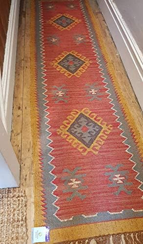 KILIM Ochre rust beige Wool with Jute Rustic Runner 60x245cm Beautiful hand woven rugs