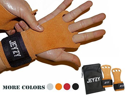 Jeyzy Leather Gymnastics Grips 3 Hole Hand Grips with Wrist Support Palm Protection for pullups,Crossfit Training,Weight Lifting,Barbells,Chin ups,Exercise,Kettlebells,& More.