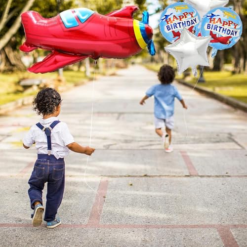 Rozi Decoration Airplane Theme Birthday Party Foil Balloons Set – Red Plane, Star and Round Happy Birthday Balloons Decoration Kit for Kids Party Supplies Set of 5 Pcs 2