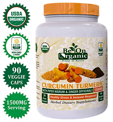 Organic Turmeric Curcumin with Bio Piper nigrum, 95% Curcumin Complex Formula Ginger Black Pepper 1500mg 90 Veg Caps Anti-Inflammatory, Antioxidant Supplement